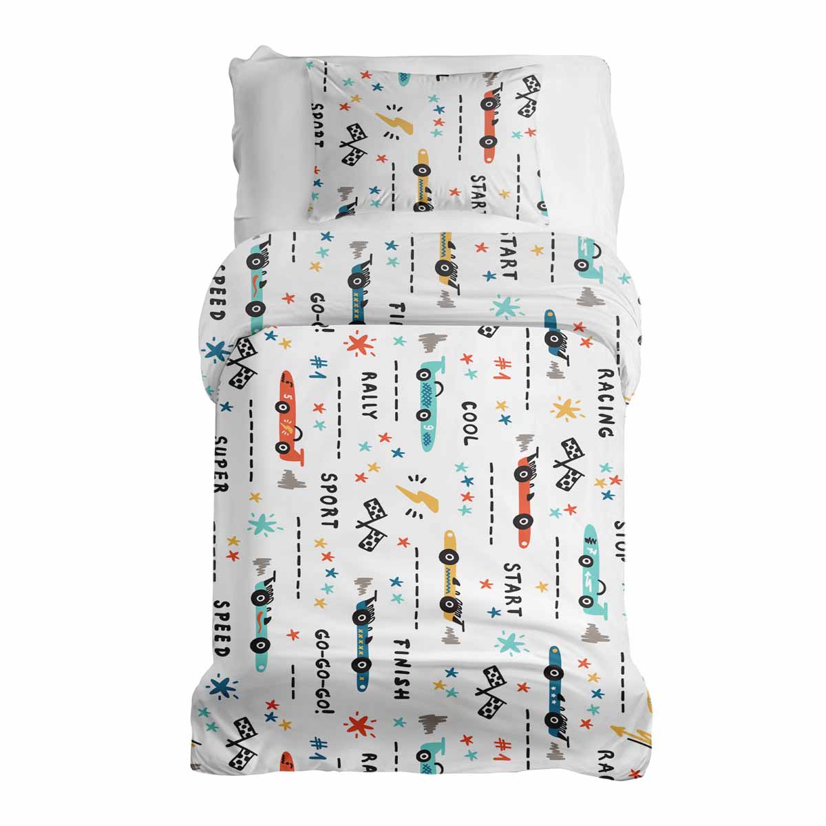 Original Therapiedecke - Baumwoll Bettwäsche Set Weiß mit Rennautos