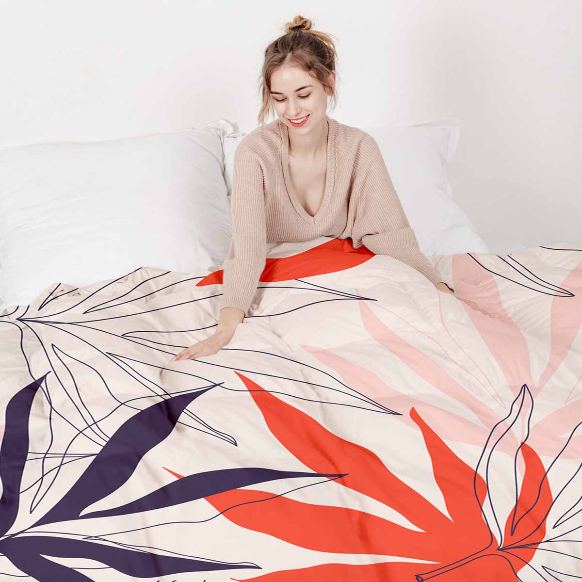 Original Therapiedecke - Baumwollbezug Beige mit bunten Blättern