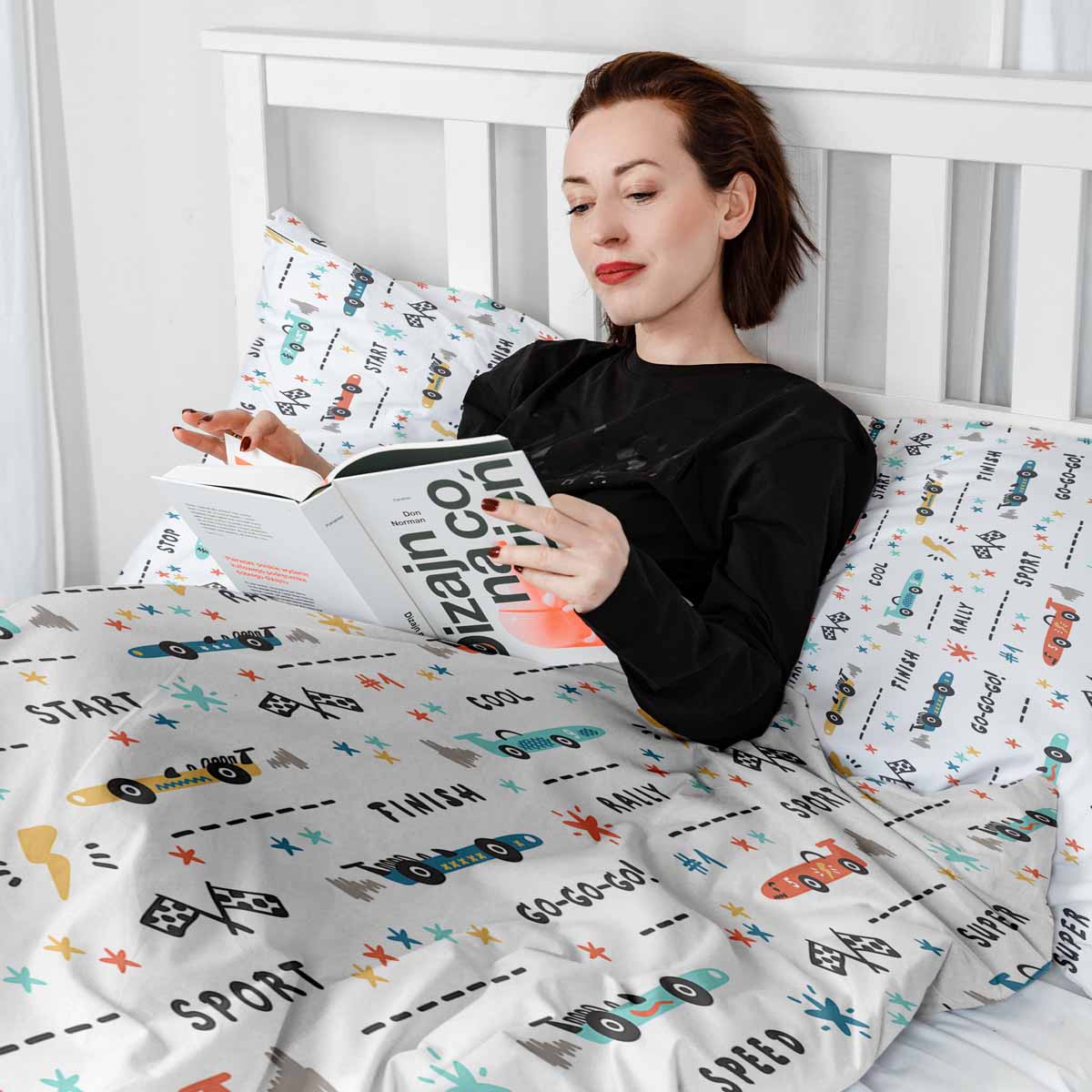 Original Therapiedecke - Baumwoll Bettwäsche Set Weiß mit Rennautos