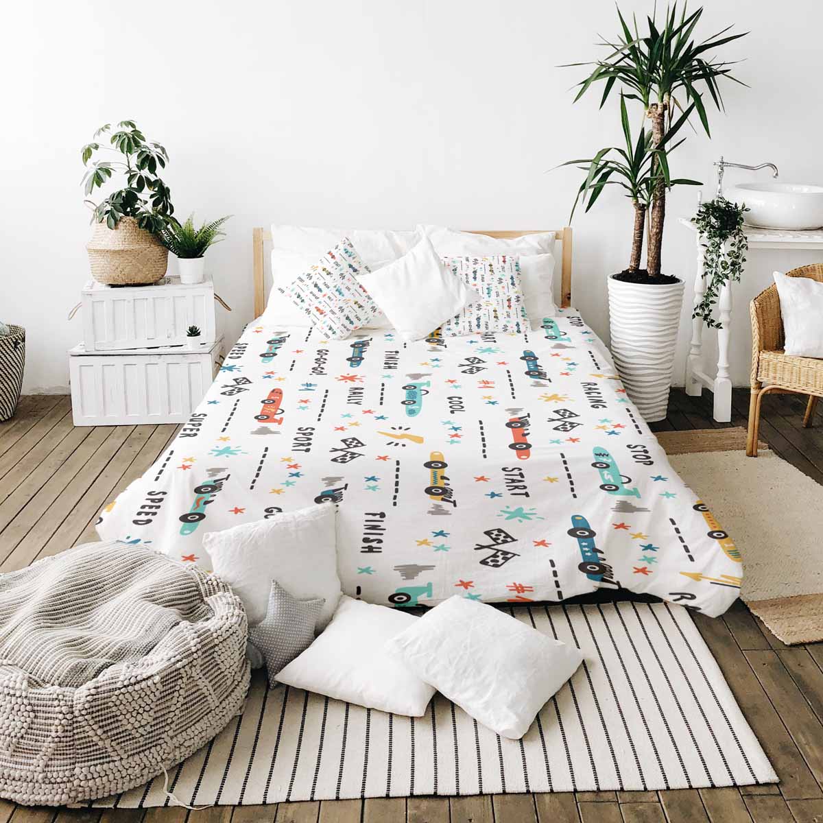 Original Therapiedecke - Baumwoll Bettwäsche Set Weiß mit Rennautos