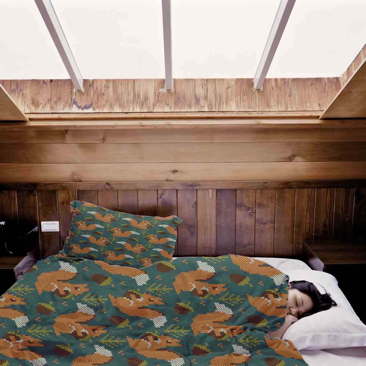 Original Therapiedecke - Baumwoll Bettwäsche Set Grün mit Eichhörnchen