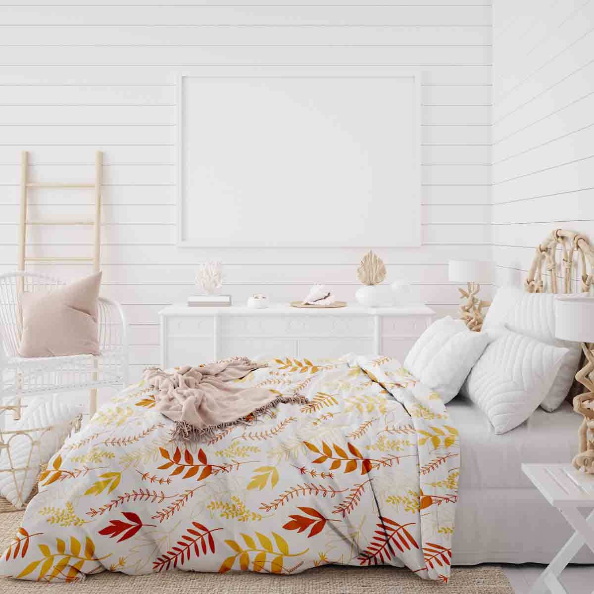 Original Therapiedecke - Baumwoll Bettwäsche Set Weiß mit herbstlichen Zweigen