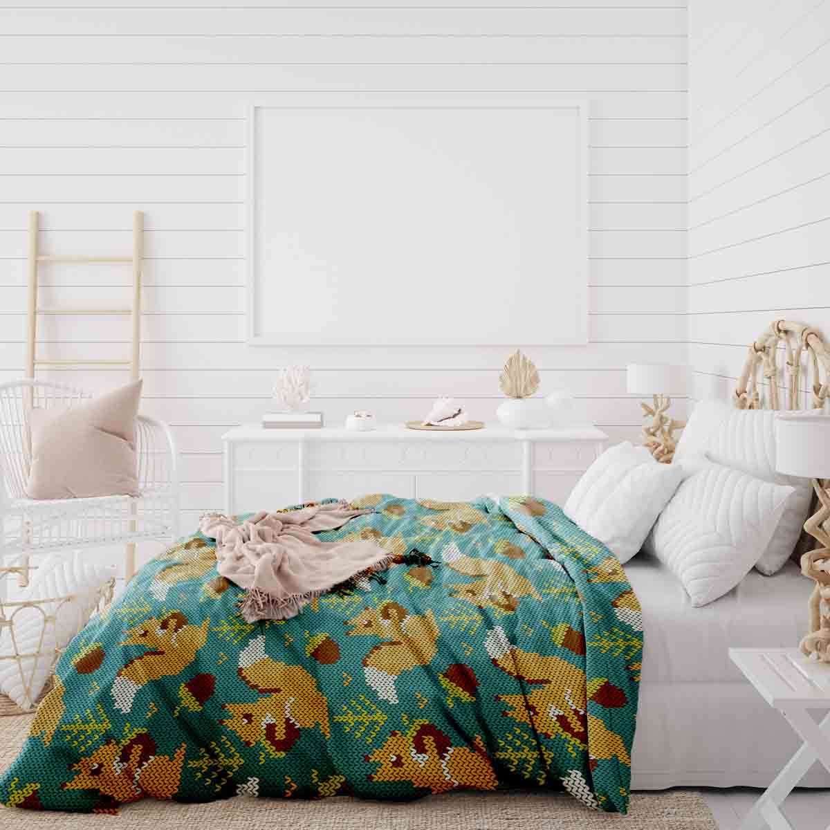 Original Therapiedecke - Baumwoll Bettwäsche Set Grün mit Eichhörnchen