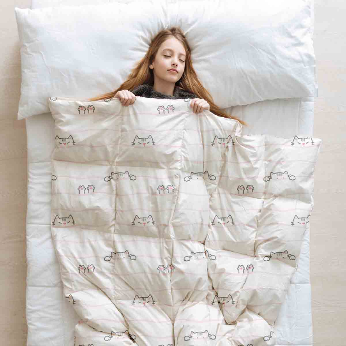 Original Therapiedecke - Baumwoll Bettwäsche Set Weiß mit kleinen Katzen