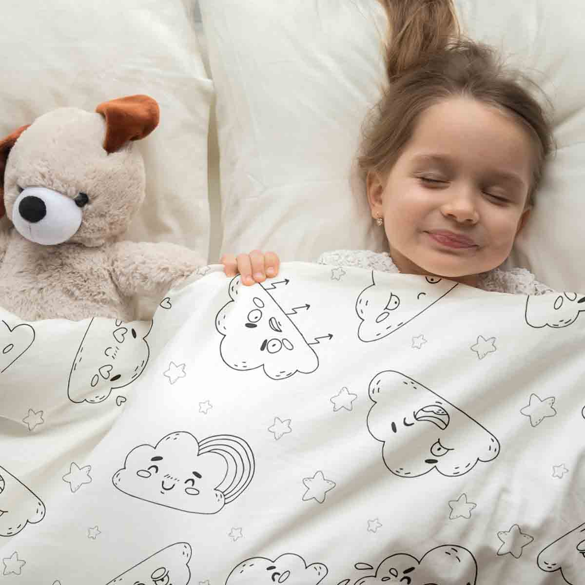 Original Therapiedecke - Baumwoll Bettwäsche Set Weiß mit lustigen Wolken
