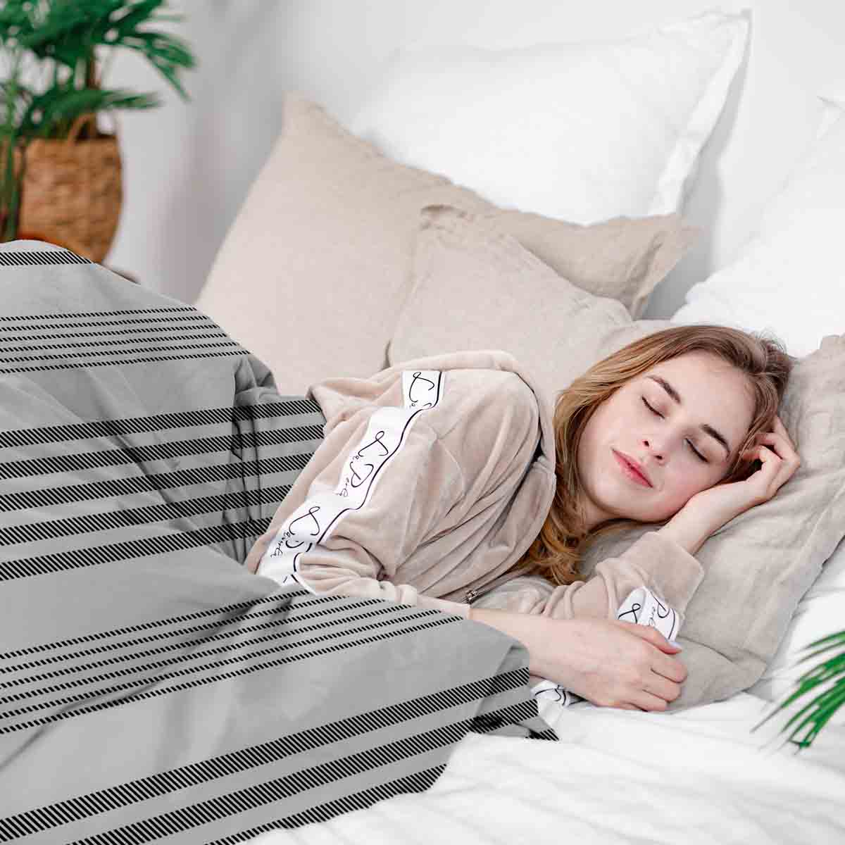 Original Therapiedecke - Baumwoll Bettwäsche Set Grau mit dicken und dünnen Streifen
