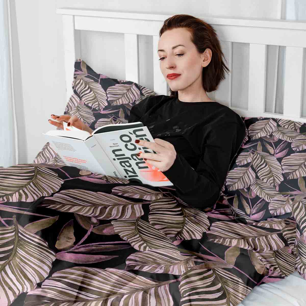 Original Therapiedecke - Baumwoll Bettwäsche Set Schwarz mit lila Blättern