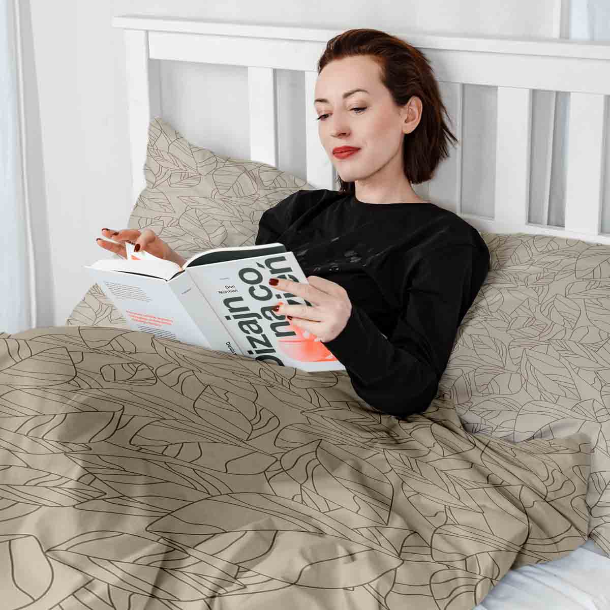 Original Therapiedecke - Baumwoll Bettwäsche Set Beige mit Blattform Schwarz