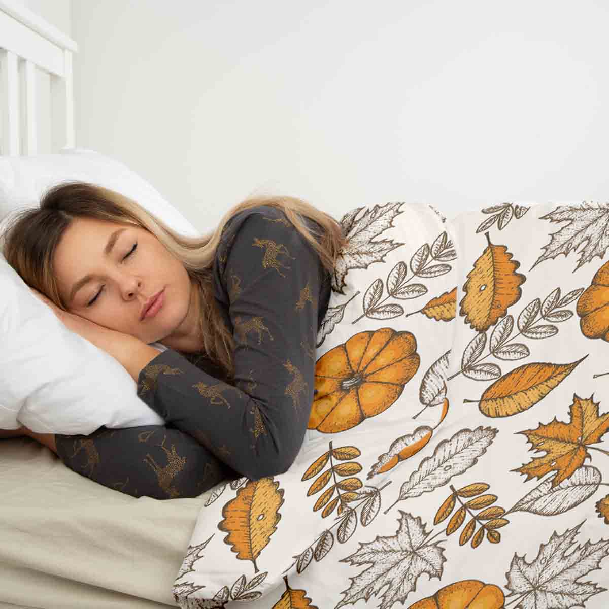 Original Therapiedecke - Baumwoll Bettwäsche Set Weiß mit Blatt und Kürbis