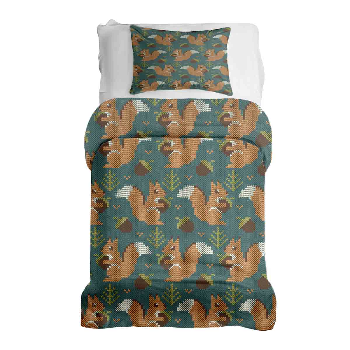 Original Therapiedecke - Baumwoll Bettwäsche Set Grün mit Eichhörnchen