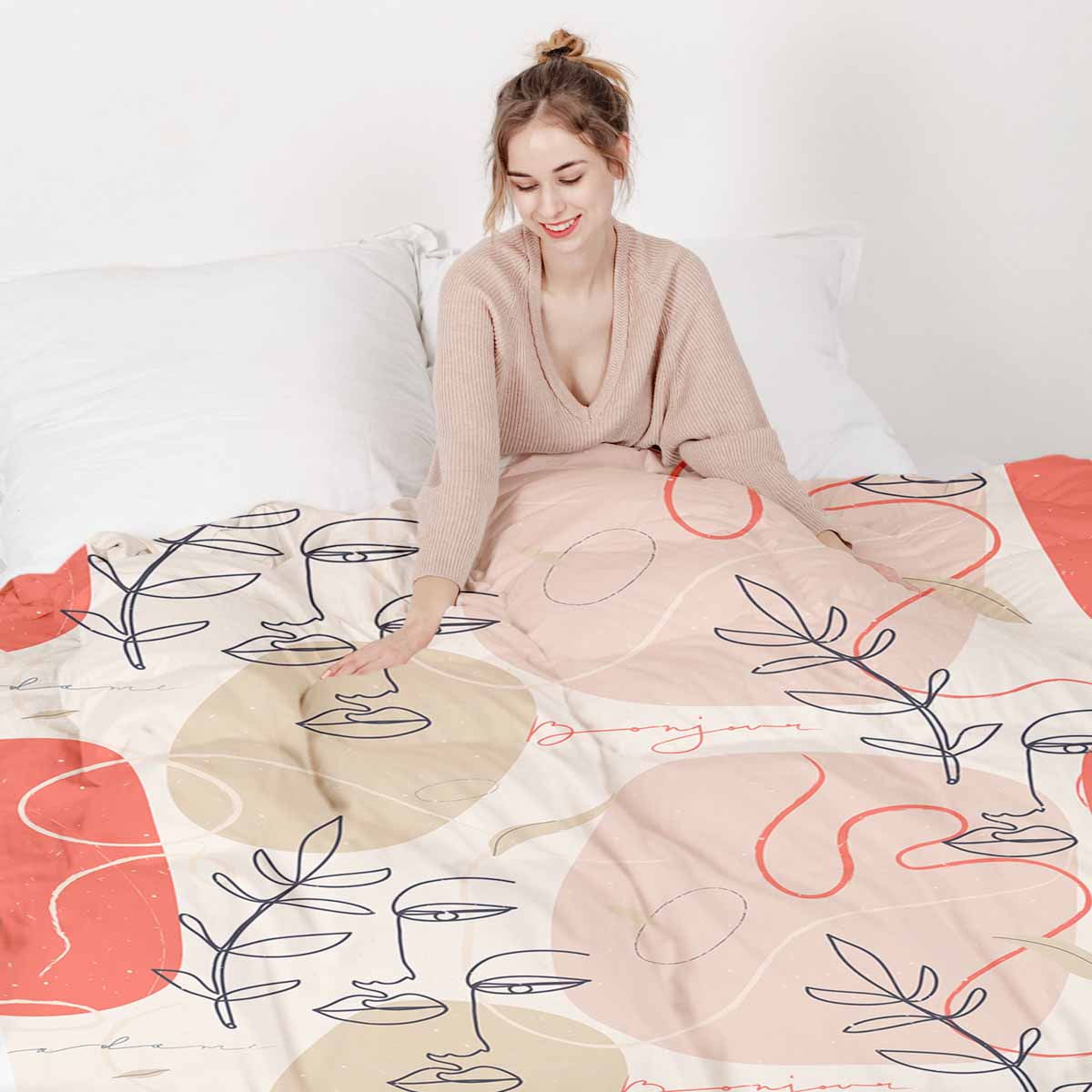 Original Therapiedecke - Baumwoll Bettwäsche Set Beige mit abstraktem Gesicht