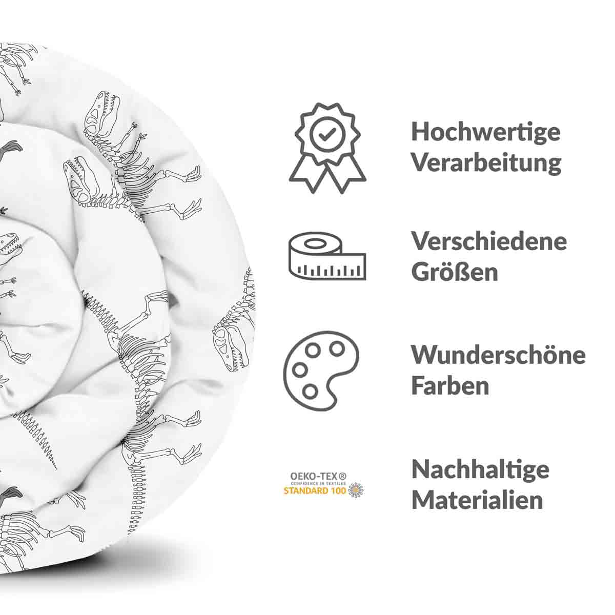 Original Therapiedecke - Baumwoll Bettwäsche Set Weiß mit Dinosaurier Skelett