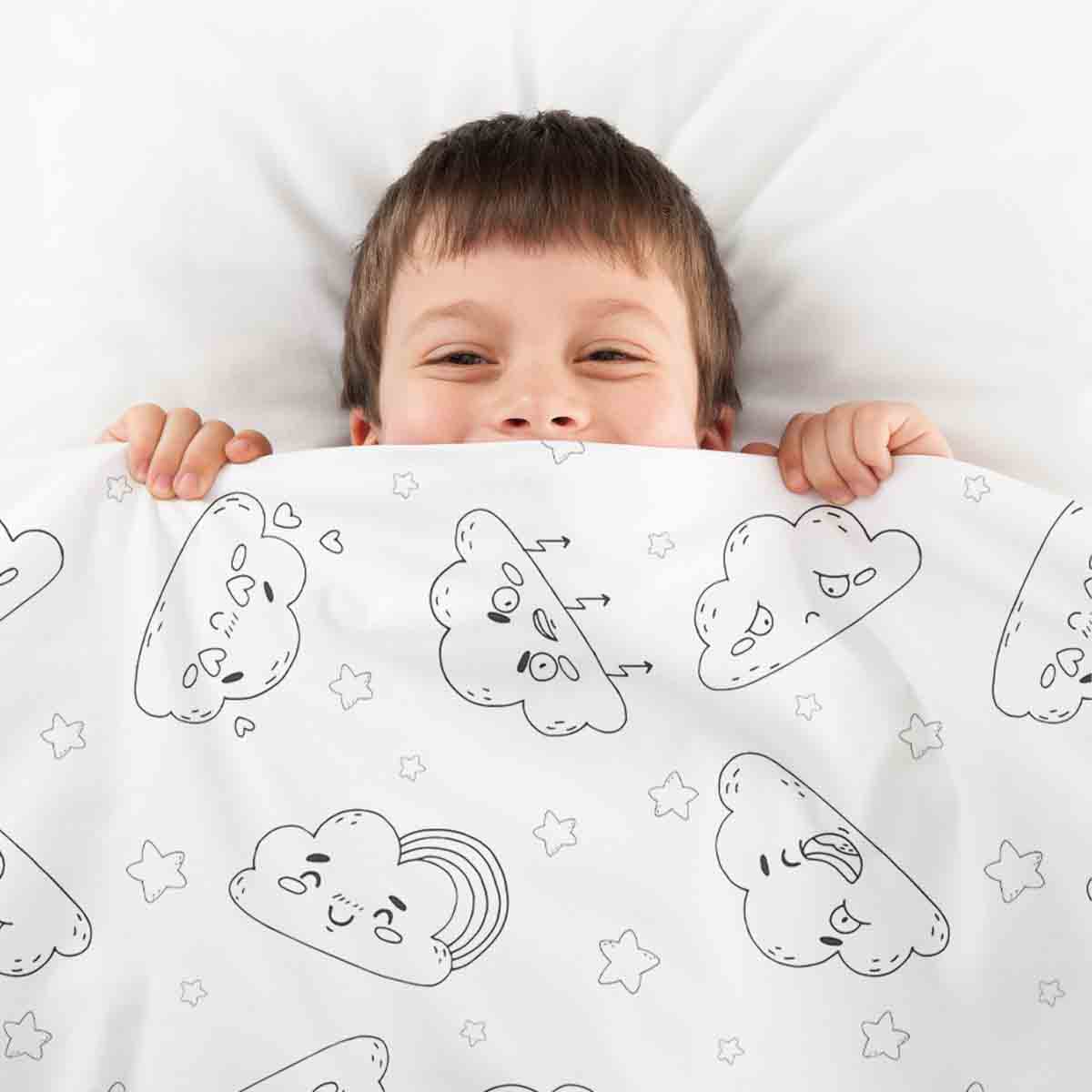 Original Therapiedecke - Baumwoll Bettwäsche Set Weiß mit lustigen Wolken