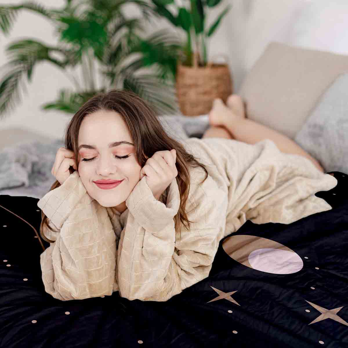 Original Therapiedecke - Baumwoll Bettwäsche Set Schwarz mit Sonne, Mond und Sterne