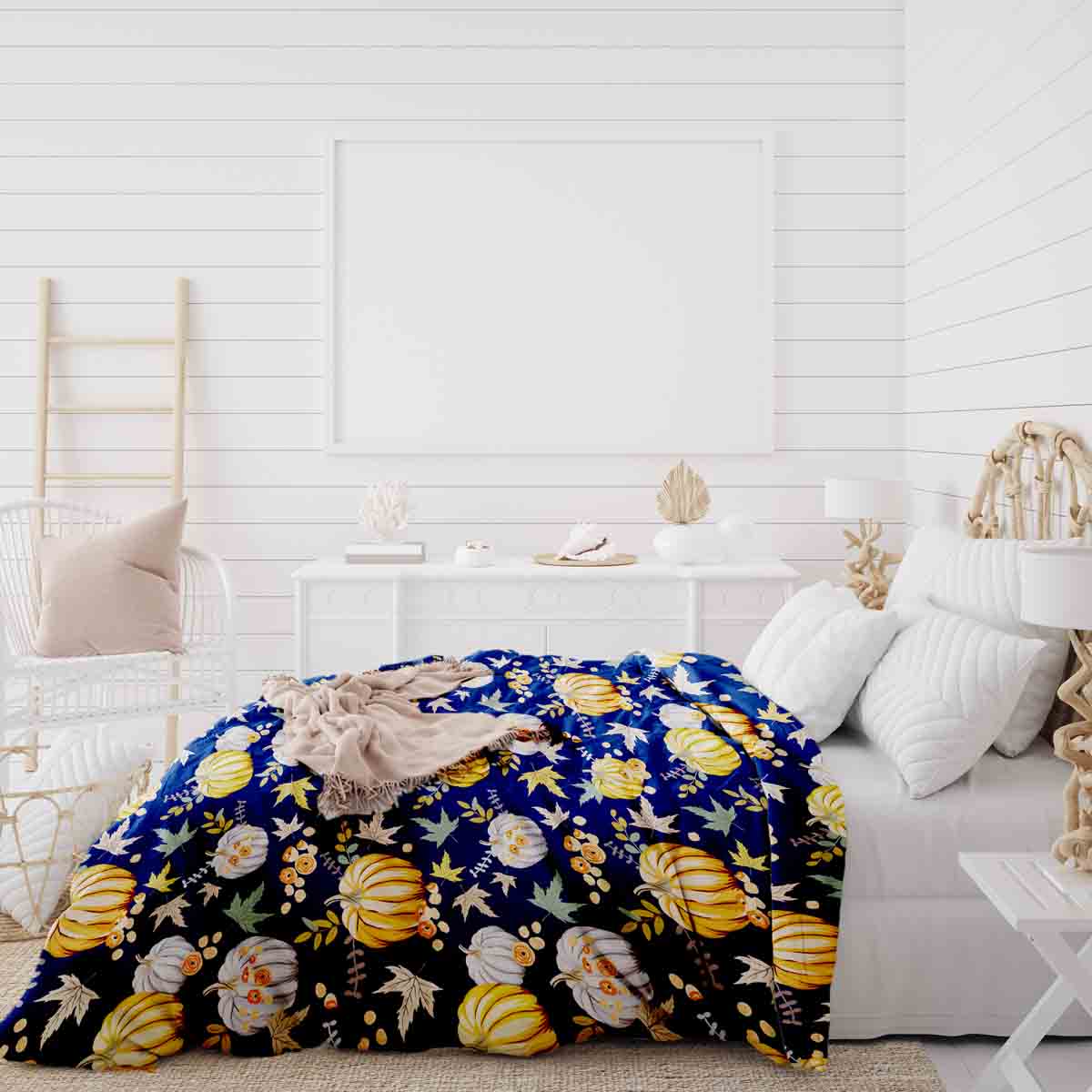 Original Therapiedecke - Baumwoll Bettwäsche Set Blau mit Kürbissen