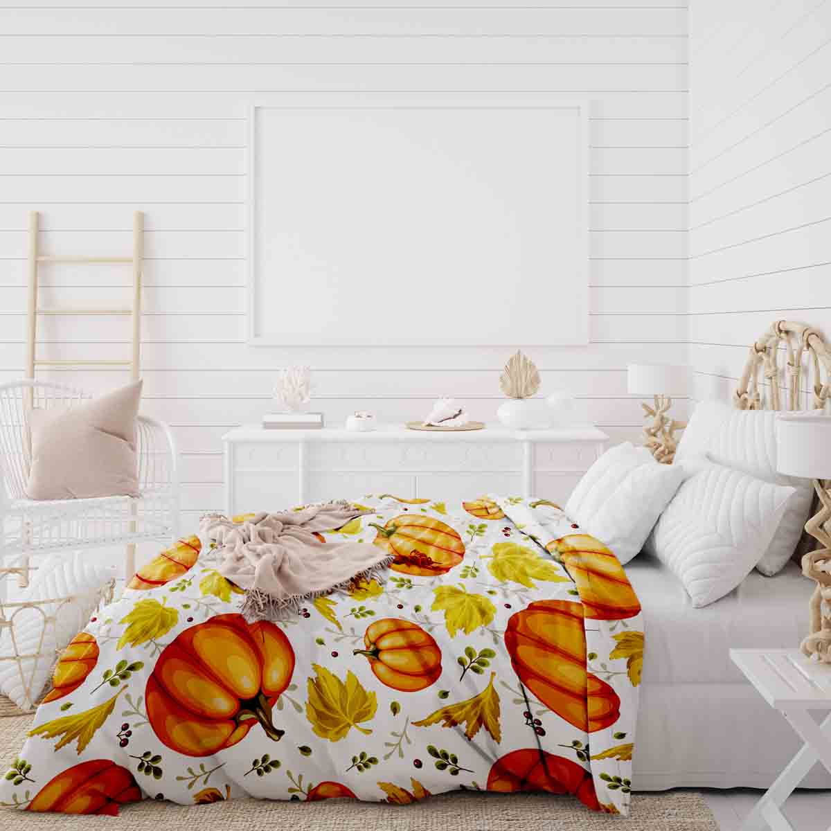 Original Therapiedecke - Baumwoll Bettwäsche Set Weiß mit großen Kürbissen
