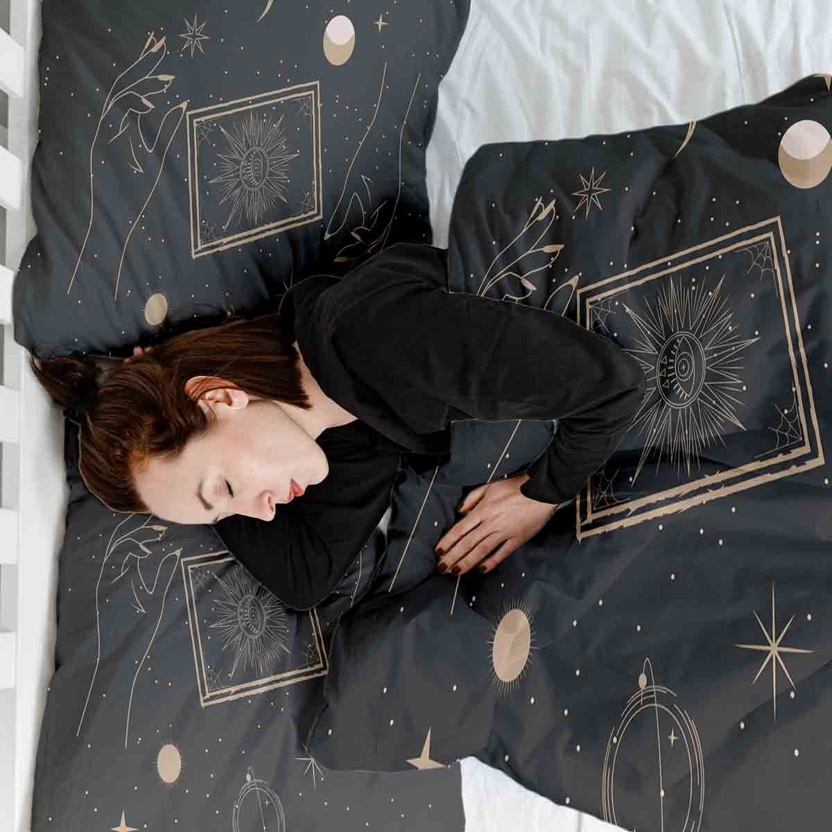 Original Therapiedecke - Baumwoll Bettwäsche Set Schwarz mit Sonne, Mond und Sterne