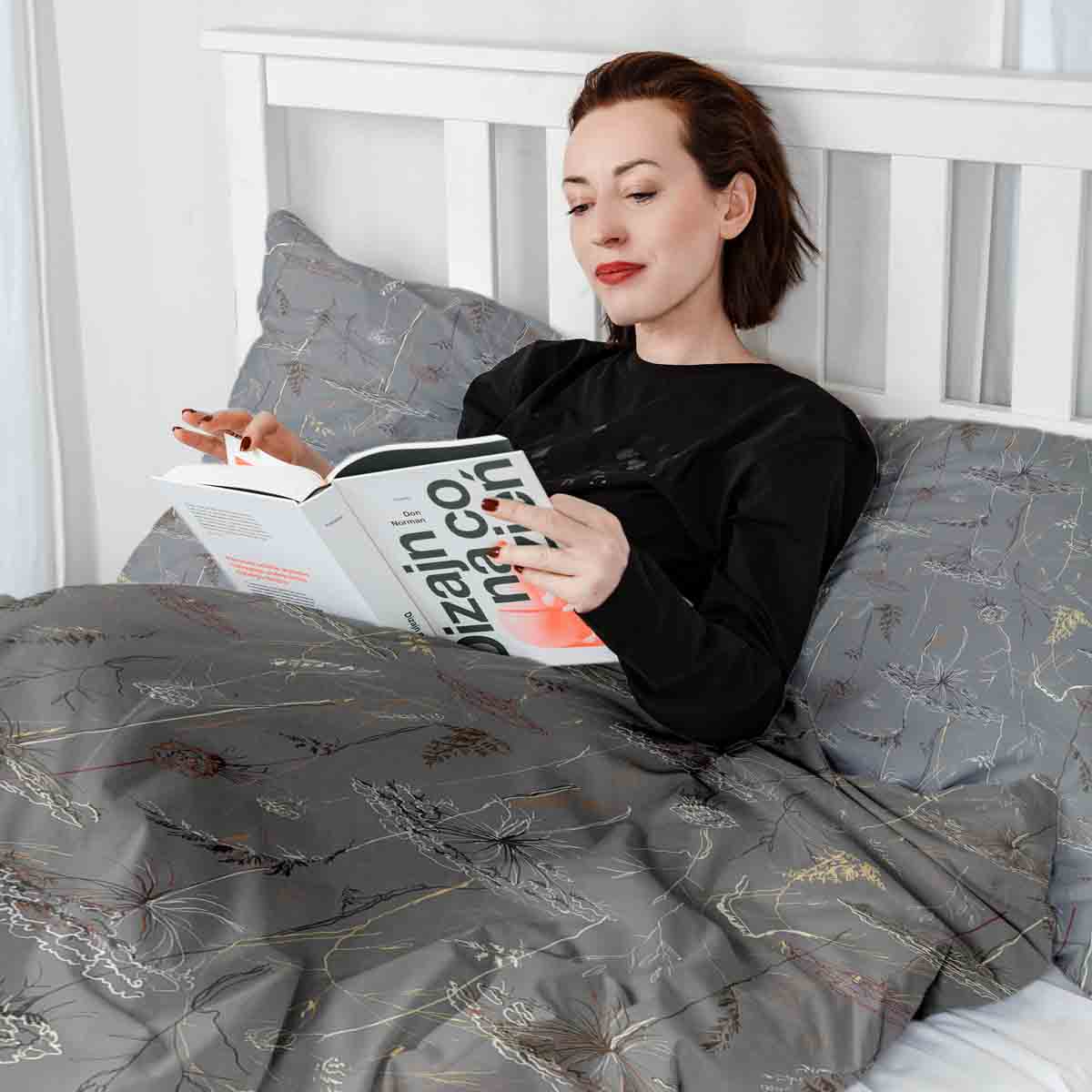 Original Therapiedecke - Baumwoll Bettwäsche Set Grau mit goldenen Pflanzen