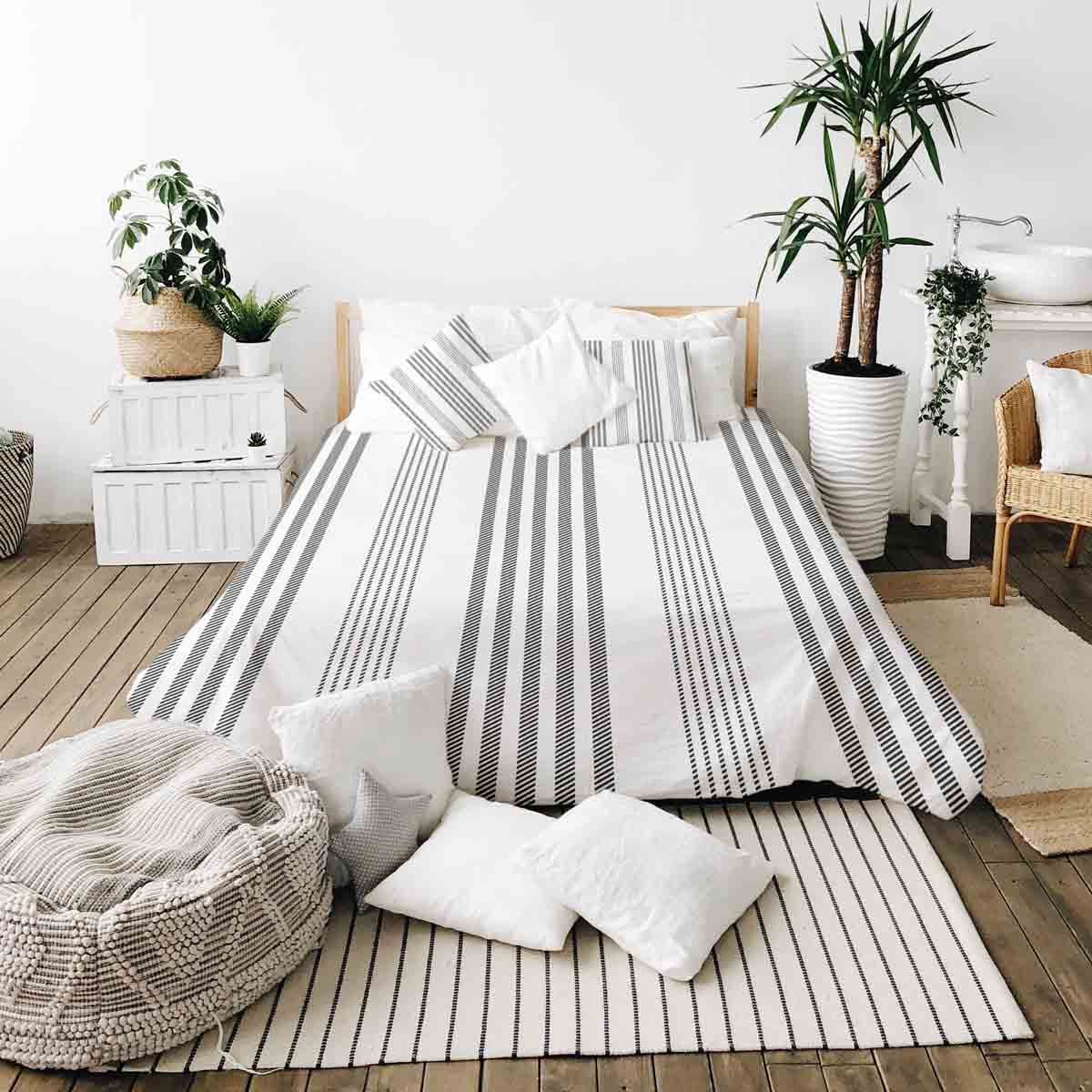 Original Therapiedecke - Baumwoll Bettwäsche Set Grau mit dicken und dünnen Streifen